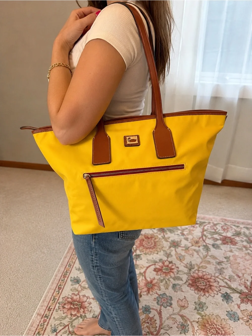Dooney & Bourke Yellow Tote with Brown Leather Trim